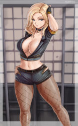 Rule 34 | 1girl, ass, birds of prey, black canary, blonde hair, blue eyes, breasts, choker, cleavage, collarbone, cropped jacket, dc comics, feet out of frame, fingerless gloves, fishnets, flowerxl, forehead, gloves, hand on own hip, hand on own head, jacket, justice league, large breasts, long hair, midriff, navel, no bra, open clothes, open jacket, parted hair, short shorts, shorts, solo, superhero costume