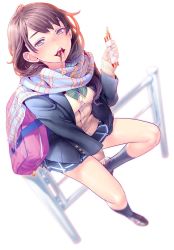 Rule 34 | 1girl, bag, brown hair, eating, female focus, food, highres, honzawa yuuichirou, open mouth, original, pocky, scarf, shoulder bag, simple background, skirt, solo, tongue, tongue out, white background