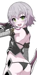 Rule 34 | 1girl, ass, bandages, bare shoulders, belt, black belt, black panties, black thighhighs, butt crack, fate/apocrypha, fate/grand order, fate (series), from behind, green eyes, grey hair, halulu, highres, jack the ripper (fate/apocrypha), looking at viewer, looking back, open mouth, panties, scar, short hair, shoulder tattoo, simple background, smile, solo, tattoo, thighhighs, underwear, white background