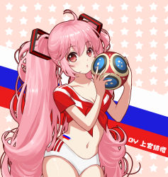 Rule 34 | 1girl, 2018 fifa world cup, ahoge, alternate costume, alternate eye color, alternate hair color, ball, blush, breasts, buruma, chinese commentary, cleavage, collarbone, commentary request, cowboy shot, crop top, front-tie top, hair between eyes, hands up, hatsune miku, holding, holding ball, jokanhiyou, long hair, looking at viewer, medium breasts, midriff, navel, parted lips, pink background, pink eyes, pink hair, pink lips, red shirt, russian flag, shirt, short sleeves, skindentation, soccer, soccer ball, solo, standing, star (symbol), starry background, stomach, tattoo, thighs, tied shirt, twintails, very long hair, vocaloid, world cup