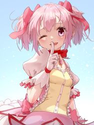 Rule 34 | 1girl, blue background, breasts, dress, finger to mouth, gloves, hair ribbon, highres, kaname madoka, magical girl, mahou shoujo madoka magica, mahou shoujo madoka magica (anime), neck ribbon, one eye closed, open mouth, pink dress, pink eyes, pink hair, pink ribbon, puella anko, puffy short sleeves, puffy sleeves, red ribbon, ribbon, short hair, short sleeves, short twintails, shushing, small breasts, smile, solo, twintails, upper body, white gloves