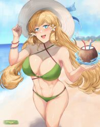 Rule 34 | 1girl, :d, absurdres, bare arms, bare shoulders, beach, bikini, blonde hair, blue eyes, blue sky, breasts, cleavage, coconut, commentary, cowboy shot, criss-cross halter, day, drinking straw, fire emblem, fire emblem heroes, green bikini, halterneck, hands up, hat, highres, large breasts, long hair, looking at viewer, navel, nintendo, ocean, official alternate costume, open mouth, outdoors, sky, smile, solo, standing, stomach, sun hat, swimsuit, tempurachronos, thighs, very long hair, water, white hat, ymir (fire emblem heroes), ymir (summer) (fire emblem heroes)