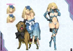 Rule 34 | 1girl, absurdres, arms up, artbook, blonde hair, blue dress, blue thighhighs, bodysuit, boots, character request, crossed legs, curvy, dog, dress, drill hair, flower, flower on head, full body, furoria frank, highleg, highleg leotard, highres, leotard, long hair, mastiff, multiple views, navel, non-web source, official art, one eye closed, parted bangs, revealing clothes, scan, see-through, see-through bodysuit, shiny clothes, shiny skin, sitting, smile, solo, standing, super robot wars, super robot wars x-omega, thigh boots, thighhighs, watanabe wataru (character designer), wide hips, wink