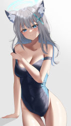 Rule 34 | 1girl, absurdres, animal ear fluff, animal ears, arm support, bare arms, bare shoulders, bikini tug, blue archive, blue eyes, breasts, bright pupils, cleavage, closed mouth, competition swimsuit, covered navel, cross hair ornament, grey background, grey hair, hair down, hair ornament, halo, highleg, highleg swimsuit, highres, katagirinanoka, large breasts, looking at viewer, medium hair, mismatched pupils, one-piece swimsuit, shiroko (blue archive), shiroko (swimsuit) (blue archive), simple background, smile, solo, strap slip, swimsuit, thighs, two-tone swimsuit, undressing, white pupils