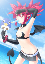 Rule 34 | 1girl, bat wings, belt, demon girl, demon tail, disgaea, earrings, elbow gloves, etna (disgaea), food, gloves, hand fan, highres, hot, jewelry, mouth hold, navel, nippon ichi, ocean, pointy ears, popsicle, prinny, red eyes, red hair, ricegnat, short hair, short shorts, shorts, solo, sunlight, sweat, tail, twintails, wings