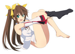 Rule 34 | 10s, 1girl, bad id, bad pixiv id, barefoot, bottomless, brown hair, fang, feet, friden04, fuaa (friden04), full body, green eyes, hair ribbon, huang lingyin, infinite stratos, legs, long hair, long legs, no panties, open mouth, ribbon, simple background, single sock, sock pull, socks, solo, thighs, twintails, undressing