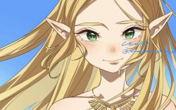 Rule 34 | 1girl, artist name, blonde hair, collarbone, commentary, green eyes, jewelry, long hair, looking at viewer, maya (mayamayammy), necklace, nintendo, princess zelda, signature, sky, solo, straight-on, the legend of zelda, the legend of zelda: breath of the wild, unfinished, wind