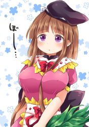 Rule 34 | 1girl, apron, black bow, black hat, blush, bow, breasts, brown hair, dress, floral background, hat, large breasts, leaf, nishida satono, parted lips, pink dress, pote (ptkan), purple eyes, short hair with long locks, short sleeves, solo, tate eboshi, touhou, upper body, waist apron, waist bow