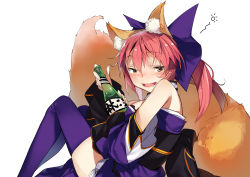 Rule 34 | 10s, 1girl, alcohol, animal ears, bare shoulders, blush, bottle, bow, breasts, brown eyes, drunk, fate/extra, fate (series), fox ears, fox tail, hair bow, highres, kange, pink hair, purple thighhighs, short hair, simple background, smile, solo, tail, tamamo no mae (fate/extra), thighhighs, white background