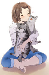 Rule 34 | 1girl, animal, bare legs, barefoot, blush, brown hair, cat, cheek-to-cheek, closed eyes, denim, hair ornament, hairclip, heads together, holding, holding animal, holding cat, jeans, mattaku mousuke, nuzzle, on floor, original, pants, pants rolled up, shirt, short hair, simple background, sitting, solo, white background