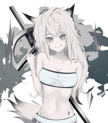 Rule 34 | 1girl, absurdres, animal ears, arknights, bandeau, bare arms, bare shoulders, breasts, commentary, grey eyes, highres, lappland (arknights), long hair, looking at viewer, material growth, midriff, nano (nanofarla), navel, oripathy lesion (arknights), scar, scar across eye, scar on face, silver hair, smile, solo, stomach, strapless, sword, tail, tube top, upper body, weapon, white background, wolf ears, wolf tail