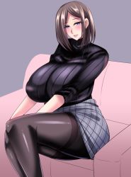 Rule 34 | 1girl, blue eyes, blush, breasts, brown hair, huge breasts, legs, lips, looking at viewer, mature female, miniskirt, naughty face, nishida megane, original, pantyhose, plaid, plaid skirt, ribbed sweater, short hair, simple background, sitting, skirt, solo, sweater, thighs