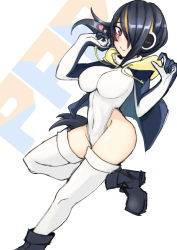 Rule 34 | 10s, 1girl, ankle boots, black footwear, black hair, blush, boots, breasts, closed mouth, commentary request, covered navel, dutch angle, emperor penguin (kemono friends), hair over one eye, headphones, heart, highleg, highleg leotard, highres, hood, hoodie, jacket, kemono friends, large breasts, leg up, leotard, long hair, looking at viewer, multicolored hair, penguins performance project (kemono friends), red eyes, saku (saku1151), simple background, smile, solo, standing, standing on one leg, thighhighs, w arms, white background, white leotard, white thighhighs