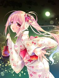 Rule 34 | 10s, 1girl, :d, alternate costume, blue hair, cowboy shot, floral print, flower, from side, full moon, gradient hair, hair flower, hair ornament, harusame (kancolle), highres, holding, japanese clothes, kantai collection, kimono, kinchaku, lens flare, long hair, long sleeves, looking at viewer, moon, multicolored hair, night, night sky, obi, open hand, open mouth, outstretched arm, pink eyes, pink hair, pouch, ringo sui, sash, side ponytail, sky, smile, solo, star (sky), starry sky, wide sleeves, yukata