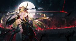 Rule 34 | 1girl, absurdres, armor, battlefield, blonde hair, breasts, burning, commentary request, field of blades, fire, flag, fire, full moon, garter straps, glowing, glowing eyes, highres, holding, holding sword, holding weapon, japanese armor, katana, large breasts, light particles, long hair, looking at viewer, moon, moonlight, night, night sky, niliu chahui, off shoulder, original, planted, planted sword, planted weapon, red eyes, sheath, skindentation, sky, smoke, solo, sword, thick thighs, thighhighs, thighs, tokisaki asaba, torn clothes, torn thighhighs, very long hair, weapon