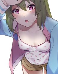 Rule 34 | 1girl, arm over head, breasts, camisole, collarbone, commentary request, downblouse, eyelashes, green hair, hair between eyes, highres, idolmaster, idolmaster million live!, jacket, leaning forward, long bangs, long sleeves, looking up, nagayoshi subaru, no bra, open clothes, open jacket, open mouth, polka dot, polka dot shirt, purple eyes, shirt, short hair, shorts, sidelocks, simple background, small breasts, solo, tutimaru0730, white background