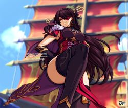 Rule 34 | 1girl, beidou (genshin impact), black thighhighs, blue sky, breasts, capelet, cleavage, cloud, dress, eyepatch, from below, genshin impact, grin, hair ornament, hairpin, jadenkaiba, large breasts, long hair, pelvic curtain, pirate, pirate ship, purple hair, red capelet, red dress, red eyes, sky, smile, solo, thighhighs, thighs