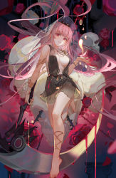 Rule 34 | 1girl, absurdres, akizero1510, barefoot, black dress, black nails, bracelet, breasts, dress, floating hair, flower, full body, highres, holding, holding scythe, hololive, hololive english, jewelry, large breasts, long hair, looking at viewer, mori calliope, nail polish, no bra, parted lips, petals, pink hair, red eyes, red flower, red rose, rose, scythe, see-through, skull, sleeveless, sleeveless dress, smile, solo, tiara, veil, very long hair, virtual youtuber
