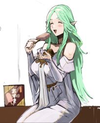 Rule 34 | 1girl, bare shoulders, blush, breasts, dress, eating, fire emblem, fire emblem: three houses, food, green hair, highres, holding, holding food, ice cream, large breasts, long hair, nintendo, open mouth, pointy ears, popsicle, rhea (fire emblem), sidelocks, sitting, sleeveless, sutekina yari, white dress
