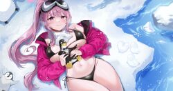 Rule 34 | 1girl, absurdres, animal, bikini, bird, black bikini, blue archive, blush, breasts, closed mouth, eimi (blue archive), eimi (swimsuit) (blue archive), gijang, goggles, goggles on head, halo, highres, jacket, large breasts, linux, long hair, long sleeves, looking at viewer, lying, official alternate costume, official alternate hairstyle, on back, open clothes, open jacket, penguin, pink eyes, pink hair, pink halo, pink jacket, ponytail, scarf, smile, solo, swimsuit, tux, water, white scarf