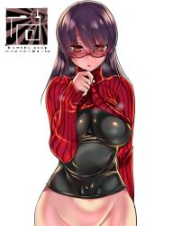 Rule 34 | 1girl, black shirt, blue hair, blush, bottomless, breasts, clothes lift, clothes pull, hair between eyes, huge breasts, jpeg artifacts, large breasts, lifting own clothes, long hair, long sleeves, original, purple hair, red eyes, shirt, solo, striped clothes, striped sweater, sweatdrop, sweater, sweater lift, sweater pull, tokita monta, white background