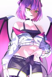 Rule 34 | 1girl, absurdres, alternate hair length, alternate hairstyle, arm at side, artist logo, belt, black choker, black shorts, blurry, breasts, character name, choker, cleavage, contrapposto, covered navel, cowboy shot, crop top, cropped jacket, demon tail, demon wings, depth of field, ear spike, eyelashes, fangs, fingernails, from below, green eyes, grey background, hair rings, hand on own stomach, highres, hololive, jacket, looking at viewer, midriff, multicolored hair, multicolored nails, nail polish, name tag, o-ring, o-ring choker, off shoulder, pink hair, pointy ears, purple hair, short shorts, shorts, simple background, small breasts, solo, streaked hair, tail, therrao, tight clothes, tokoyami towa, two side up, v, virtual youtuber, white jacket, wings