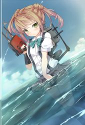 Rule 34 | 10s, 1girl, blush, bonkiru, brown hair, cloud, covering privates, covering crotch, day, dutch angle, highres, kantai collection, looking at viewer, michishio (kancolle), ocean, school uniform, skirt, sky, solo, suspenders, turret, water