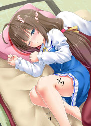 Rule 34 | 10s, 1girl, :o, ahoge, barefoot, blue dress, blue eyes, blush, brown hair, commentary request, dress, half-closed eye, hinatsuru ai, indoors, layered sleeves, long hair, long sleeves, low twintails, lying, nose blush, on side, one eye closed, parted lips, pillow, puffy short sleeves, puffy sleeves, ryuuou no oshigoto!, school uniform, short over long sleeves, short sleeves, solo, twintails, umarutsufuri, very long hair