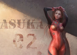 Rule 34 | 1girl, arms up, blue eyes, breasts, character name, contrapposto, gradient background, hand in own hair, highres, long hair, neon genesis evangelion, parted lips, photorealistic, plugsuit, realistic, rebuild of evangelion, solo, souryuu asuka langley, very long hair, wall, yueyue
