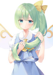Rule 34 | 1girl, ascot, blue skirt, blue vest, blush, buttons, collared shirt, commentary request, daiyousei, eyelashes, eyes visible through hair, fairy wings, fingernails, green eyes, green hair, hair between eyes, hair ribbon, hands up, highres, long fingernails, long hair, looking to the side, nail polish, open mouth, pink nails, ponytail, puffy short sleeves, puffy sleeves, ribbon, shirt, short hair, short sleeves, side ponytail, simple background, skirt, solo, standing, touhou, vest, white background, white shirt, wings, y na1211, yellow ascot, yellow ribbon