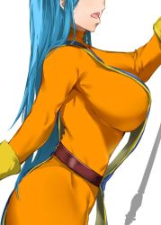 Rule 34 | 1girl, aqua hair, bakkanki, bodysuit, breasts, dragon quest, dragon quest iii, gloves, hat, highres, large breasts, long hair, mitre, orange bodysuit, priest (dq3), red eyes, sideboob, simple background, skin tight, solo, tabard, white background