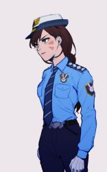 Rule 34 | 1girl, alternate hairstyle, animal print, arms at sides, belt, belt buckle, black belt, black pants, blue shirt, braid, breast pocket, breasts, brown eyes, brown hair, buckle, buttons, closed mouth, collared shirt, cowboy shot, d.va (overwatch), earrings, ecila, epaulettes, facepaint, facial mark, female service cap, gloves, heroes of the storm, highres, jewelry, legs together, long hair, long sleeves, looking away, name tag, necktie, officer d.va, official alternate costume, overwatch, overwatch 1, pants, pink lips, pocket, police, police uniform, policewoman, rabbit print, shirt, simple background, single braid, solo, standing, striped necktie, striped neckwear, stud earrings, uniform, whisker markings, white gloves, wing collar