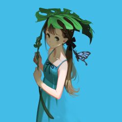 Rule 34 | 1girl, bare arms, bare shoulders, black ribbon, blue background, blue dress, bow, braid, brown hair, bug, butterfly, closed mouth, commentary, dress, english commentary, frog, hair bow, holding, holding leaf, bug, leaf, long hair, looking at viewer, original, ribbon, simple background, smile, solo, sundress, twintails, vofan