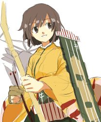 Rule 34 | 10s, 1girl, amamori kohan, arrow (projectile), bow (weapon), brown eyes, brown gloves, brown hair, flight deck, gloves, hiryuu (kancolle), holding, holding weapon, japanese clothes, kantai collection, long sleeves, looking away, partially fingerless gloves, partly fingerless gloves, quiver, short hair, simple background, single glove, solo, weapon, white background, wide sleeves, yugake