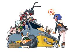 1boy 4girls anby_demara anger_vein animal_ears asymmetrical_legwear bangboo_(zenless_zone_zero) belle_(zenless_zone_zero) billy_kid black_hair black_headphones black_shirt black_socks blue_hair burger car cat_ears cat_girl cat_tail d._wang eous_(zenless_zone_zero) food green_jacket green_sleeves hairband highres holding holding_burger holding_food jacket motor_vehicle multiple_girls multiple_tails nekomiya_mana nicole_demara open_mouth pink_hair red_eyes red_hairband red_sleeves shirt simple_background sleeveless sleeveless_jacket socks spoken_anger_vein tail two_tails white_background white_footwear yellow_eyes zenless_zone_zero