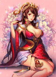 Rule 34 | 1girl, absurdres, barefoot, breasts, brown hair, cleavage, commentary, detached sleeves, english commentary, floral background, flower, glint, hand in own hair, highres, holding, holding knife, knife, large breasts, long hair, looking at viewer, minj kim, original, parted lips, pink background, realistic, red eyes, sitting, skirt, solo, sparkle, swept bangs, very long hair, wide sleeves, yokozuwari