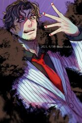 Rule 34 | 1boy, amayado rei, artist name, brown hair, dated, facial hair, formal, green eyes, heterochromia, hypnosis mic, long sleeves, male focus, mustache, necktie, parted bangs, purple background, purple eyes, red nails, red necktie, scar, scar across eye, scar on face, shunkashuntou, solo, striped suit, stubble, suit, upper body
