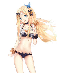 Rule 34 | 1girl, :d, abigail williams (fate), absurdres, bad id, bad pixiv id, bare shoulders, bikini, black bikini, black bow, black scrunchie, blonde hair, blue eyes, blush, bow, breasts, butterfly hair ornament, collarbone, commentary request, crossed bandaids, fate/grand order, fate (series), gluteal fold, groin, hair bow, hair ornament, hair scrunchie, halterneck, head tilt, highres, long hair, navel, open mouth, orange bow, orange scrunchie, parted bangs, polka dot, polka dot bow, round teeth, scrunchie, see-through, simple background, small breasts, smile, solo, swimsuit, taka (0taka), teeth, upper teeth only, very long hair, white background, wrist scrunchie