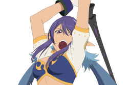 Rule 34 | 00s, 1girl, :o, arms up, blue hair, judith (tales), long hair, official art, open mouth, pointy ears, polearm, purple eyes, sidelocks, solo, spear, tales of (series), tales of vesperia, twintails, weapon, white background