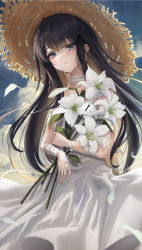 Rule 34 | 1girl, bandages, black hair, blue eyes, blue sky, blunt bangs, cloud, cowboy shot, dress, eyebrows hidden by hair, flower, hat, highres, long hair, original, outdoors, parted lips, petals, sky, solo, straw hat, white dress, white flower, yamikyon