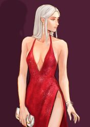 Rule 34 | 1girl, alternate costume, bag, bare shoulders, bracelet, breasts, center opening, cleavage, closed mouth, cocktail dress, collarbone, commentary, commission, dress, earrings, edelgard von hresvelg, english commentary, fire emblem, fire emblem: three houses, formal, handbag, highres, holding, holding bag, jewelry, lips, long hair, medium breasts, nintendo, pink lips, purple background, purple eyes, red dress, ring, sethkiel, shadow, simple background, sleeveless, sleeveless dress, smile, solo, white bag, white hair