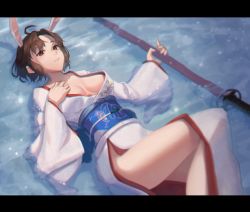 Rule 34 | 1girl, ahoge, breasts, brown eyes, brown hair, cleavage, closed mouth, collarbone, hair intakes, highres, holding, holding sheath, japanese clothes, kara no kyoukai, kemonomimi mode, kimono, letterboxed, long sleeves, lying, obi, on back, open clothes, open kimono, ryougi shiki, ryougi shiki (decapitating bunny), sash, sheath, sheathed, short hair, side slit, solo, sword, toxic (toxicv), weapon, white kimono