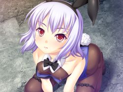 Rule 34 | 1girl, all fours, animal ears, bare shoulders, black pantyhose, bow, bowtie, breasts, covered erect nipples, detached collar, fake animal ears, game cg, hairband, leotard, looking at viewer, magical girl, medium breasts, nipples, pantyhose, playboy bunny, purple hair, rabbit ears, rabbit girl, rabbit tail, red eyes, see-through, short hair, sleeveless, solo, sumi2, tail, tears, thigh strap