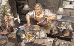 Rule 34 | 2boys, 2girls, aged down, alternate costume, apron, blue eyes, blue hair, book, bowl, brown eyes, brown hair, byleth (female) (fire emblem), byleth (fire emblem), byleth (male) (fire emblem), closed eyes, contemporary, cup, egg, family, father and daughter, father and son, fire emblem, fire emblem: three houses, frying pan, green hair, highres, holding, husband and wife, jeralt reus eisner, korokoro daigorou, long hair, long sleeves, measuring cup, milk carton, mother and daughter, mother and son, multiple boys, multiple girls, nintendo, open book, open mouth, plant, plate, potted plant, scar, scar on face, sink, sitri (fire emblem), sleeves rolled up, whisk, window