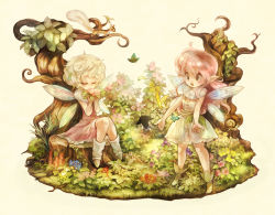 Rule 34 | 2girls, :d, animal, bare arms, bug, butterfly, buttons, closed eyes, detached wings, dress, fairy, fairy wings, fantasy, flower, full body, hair between eyes, holding, holding flower, insect, knees together feet apart, leaf, long hair, multiple girls, open mouth, original, pink dress, pink hair, plant, pointy ears, short hair, sitting, sleeveless, sleeveless dress, smile, spread legs, squirrel, standing, sui (petit comet), tree stump, white dress, white eyes, white hair, wings