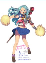 Rule 34 | 1girl, blue hair, braid, breasts, character request, full body, highres, long hair, looking at viewer, loose socks, midriff, murata tefu, open mouth, original, pom pom (cheerleading), simple background, skirt, smile, socks, solo, staff, white background