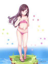 Rule 34 | 1girl, artist name, bikini, blush, breasts, brown hair, closed mouth, collarbone, female focus, floral background, grass, groin, hitori bocchi, hitoribocchi no marumaru seikatsu, long hair, looking at viewer, navel, pink bikini, red eyes, sandals, simple background, small breasts, solo, swimsuit, white background, zet (zetart)
