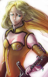 Rule 34 | 1990s (style), 1girl, blonde hair, bodysuit, breasts, celes chere, cleavage cutout, clothing cutout, detached sleeves, earrings, female focus, final fantasy, final fantasy vi, gradient background, green eyes, jewelry, long hair, retro artstyle, solo, sword, weapon, white background, yattuke