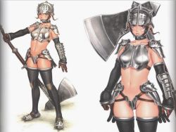 Rule 34 | 1girl, armor, bikini armor, breasts, brown hair, gloves, kacchu musume, multiple views, partial armor, revealing armor, short hair, tsukasa jun, weapon