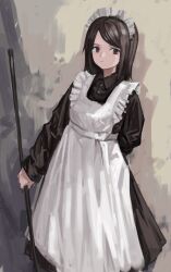 Rule 34 | 1girl, apron, arm behind back, brown background, brown dress, brown eyes, brown hair, buttons, closed mouth, collared dress, commentary, dress, feet out of frame, frilled apron, frills, highres, holding, holding stick, long dress, long hair, long sleeves, looking at viewer, maid, maid apron, maid headdress, original, shii595, solo, standing, stick, swept bangs, symbol-only commentary, white apron
